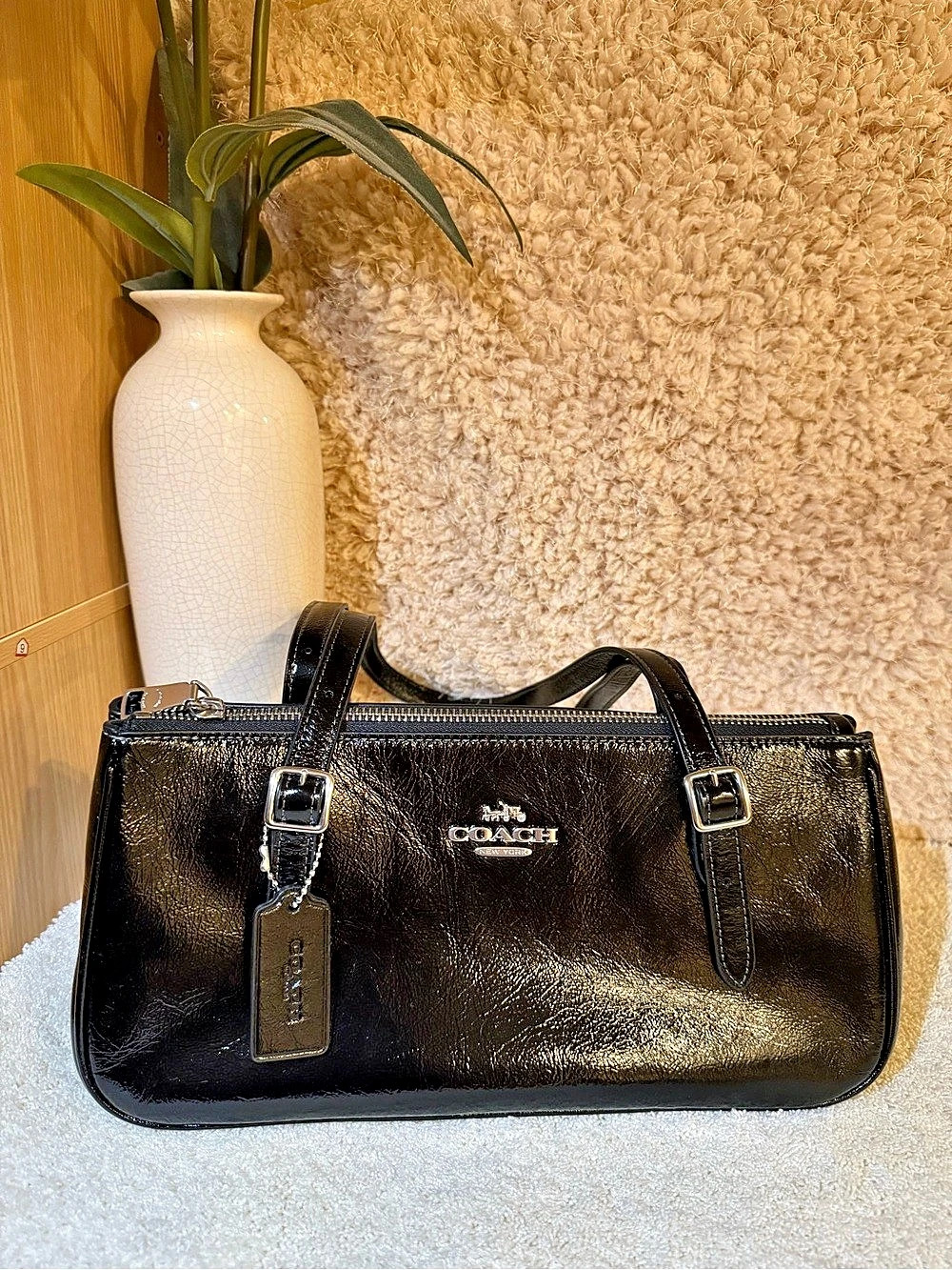 Coach Asher Shoulder Bag Black Glazed Leather NWT